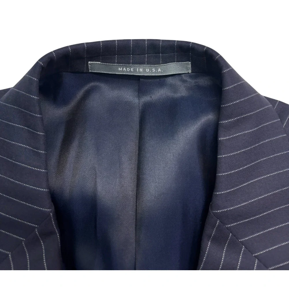 Hickey Freeman Limited 42L 35x36 Navy Blue Chalk Stripe 2pc Pant Suit Wool USA